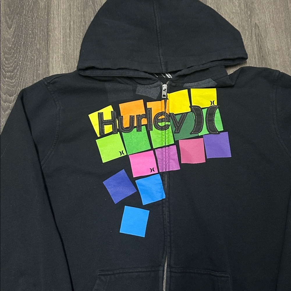 Hurley Black Zip Front Hoodie with Multicolor Graphic Front and Back - Picture 2 of 5